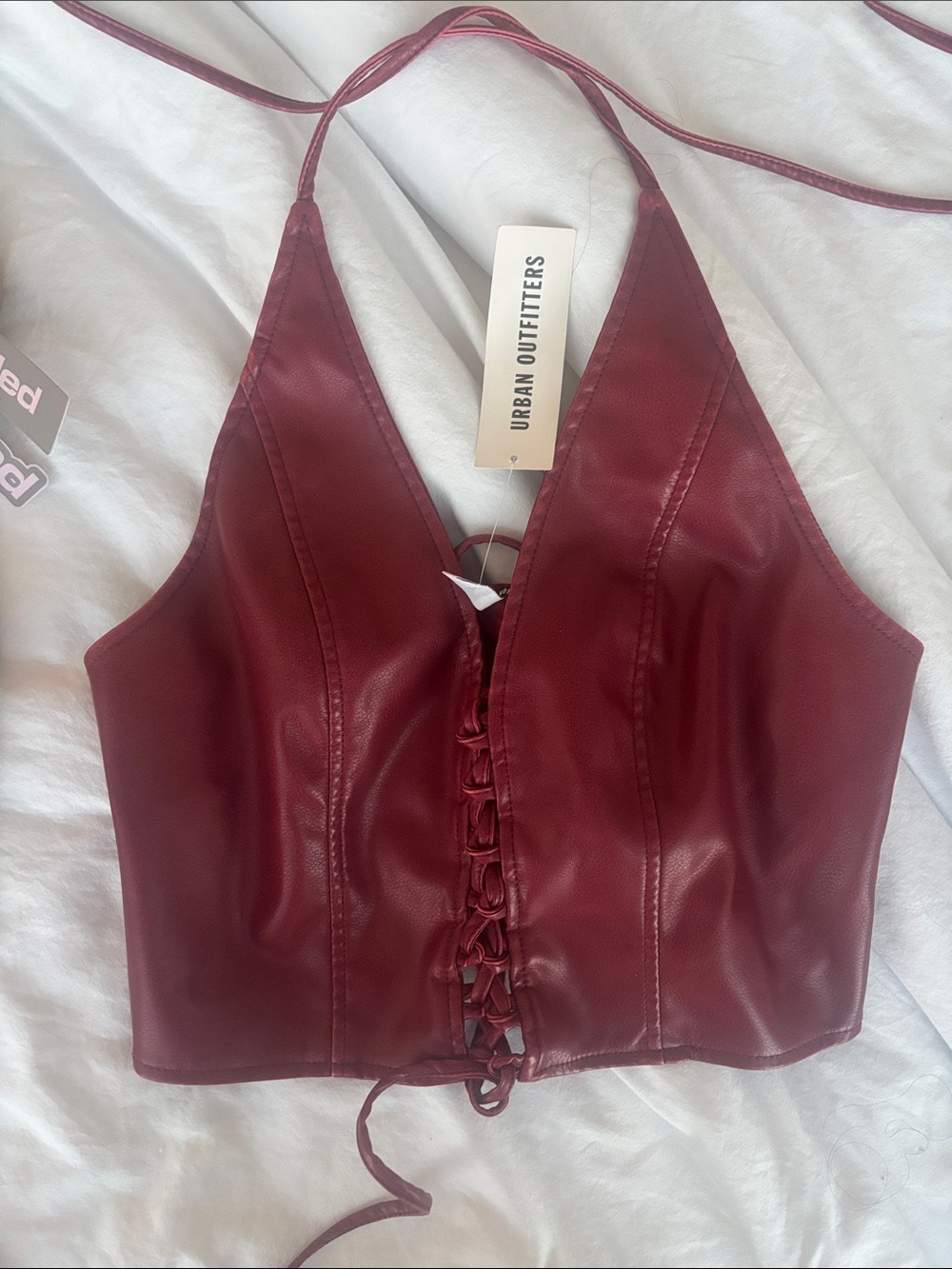 Urban Outfitters Wine Red Faux Leather Lace-Up Halter Crop